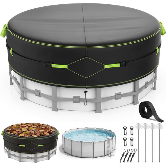 10Ft Round Pool Cover for Above Ground Pools, Safety Solar Pool Covers with Reflective Strips, Rope and Luminous Nails, Upgraded Thicker Oxford, PU Tarp Snug, UV Protected, Windproof, Tear Resistant
