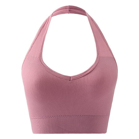 Gnurob on Sale Womens Butterluxe Halter Longline Sports Bra - No Underwire Padded Bralette Workout Yoga Tank Tops Push Up Bras Clearance Pink Large