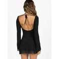 thumbnail image 3 of Women Long Sleeve Mini Dress Boat Neck Mesh Bell Sleeve Self Tie Back Sheer Backless Bodycon Y2k Short, 3 of 8