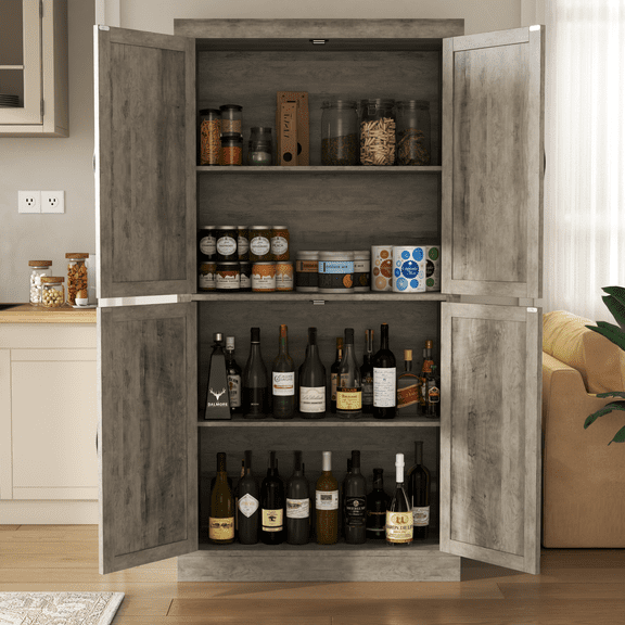 Farmhouse Kitchen Pantry Cabinet, 69" Tall Storage Cabinet with Adjustable Shelves & Doors, Freestanding Cupboard for Kitchen Dining Room Living Room, Retro Grey