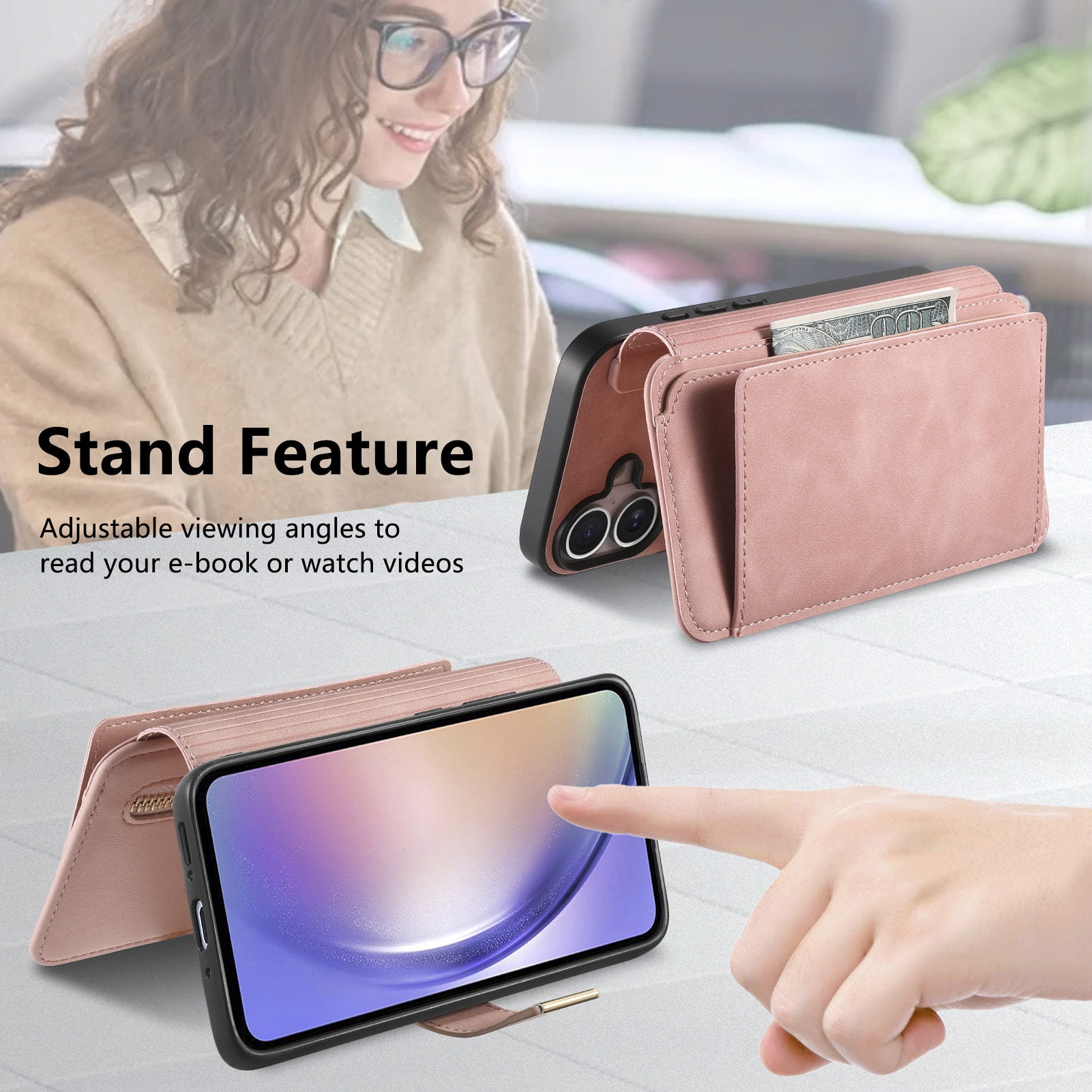 TECH CIRCLE for Motorola Moto G 5G (2024) Phone Case 6.6", Magnetic Back Cover with Removable Flip Wallet Case, with Card Slots/Pocket/Ring Holder Grip, Compatible with MagSafe, PU Leather Case, Pink
