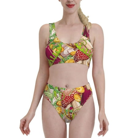 Bixox Mushrooms and Leaves Pattern Two-Piece Sports Bikini with U-Shaped Top and High-Waist Bottom - Women s Swimwear with Removable Bra Pads