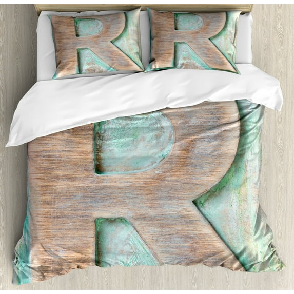 Letter R Duvet Cover Set King Size, Wooden Alphabet Block Antique Letterpress Theme Grunge Display Print, Decorative 3 Piece Bedding Set with 2 Pillow Shams, Mint Green Pale Brown, by Ambesonne