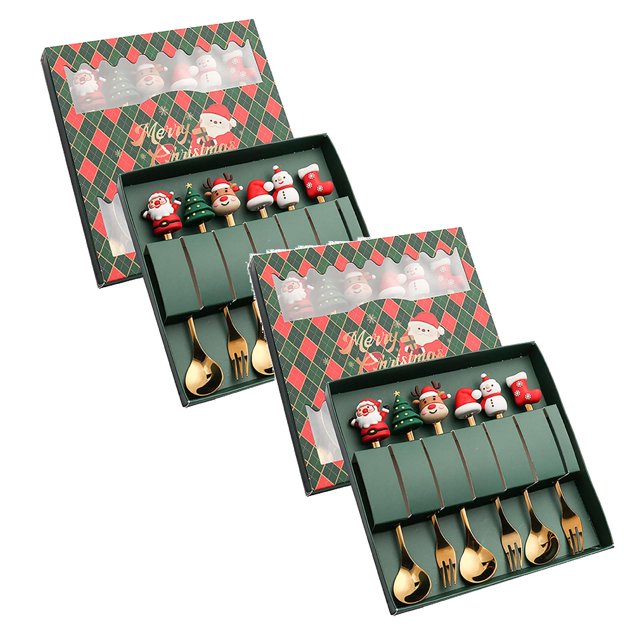 Oleegame 2PC Stainless Steel Cutlery Set Christmas Tableware Set Stainless Steel Spoon Gift Set Dessert Spoon Fork Coffee Spoon Christmas Pendant Spoon Tableware Set Gift