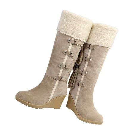 

NICEXMAS Women High Boots Fashion Slipsole High Boots Girl Tassel Boots Winter Snow Boots (Beige Size 37)
