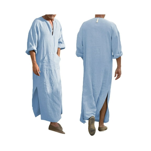 Men's Long Sleeve Robe Roll Up Long Sleeve Linen Side Split Kaftan Thobe with Pockets Long Gown Casual Shirt