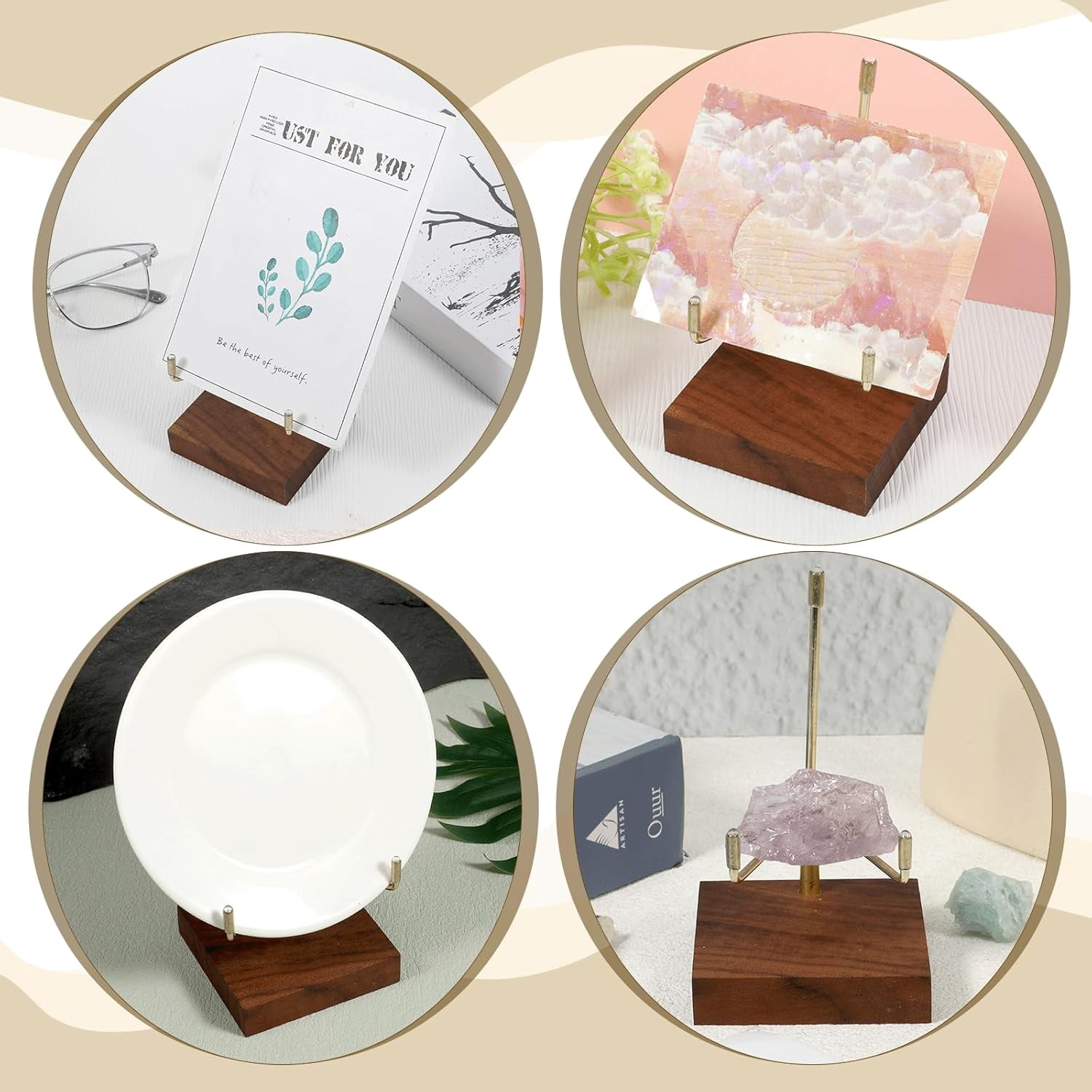 Walnut Wood Display Stand with Adjustable Metal Arms Small Display Easel Holder Crystal Displays Stand for Displaying Geodes Seashell Fossil Coral Crystal Rock (2.5"x2.5"x3.2")
