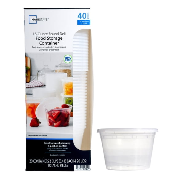 Mainstays 40 Piece 16oz Plastic Deli Container, Ideal Use for Meal Prep and Batch Cooking