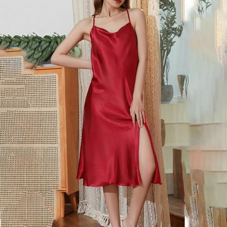 VONCOS Women Sleepwear- V Neck Thin V-Neck Sexy Lingerie Nightgown Sling Lace Pajamas Summer Sleeveless Off-The-Shoulder Silk Satin Babydoll Nightshirt for Women Hot Pink Size 2XL
