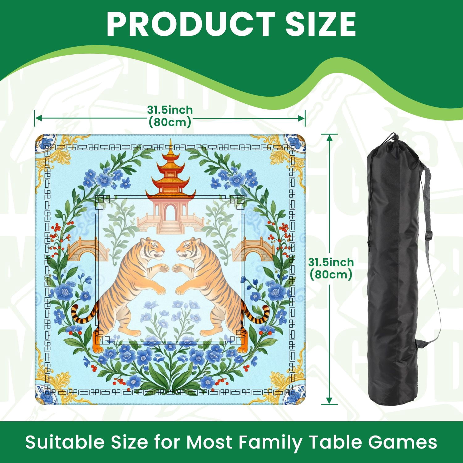 Mahjong Mat 31.5" x 31.5" Pair Tigers Facing Each Other Amid Floral Wreath Pagoda Bridges Non-Slip Noise Reduction American Mahjong Tiles Table Cover for Dominoes Poker Card Board Games Gift