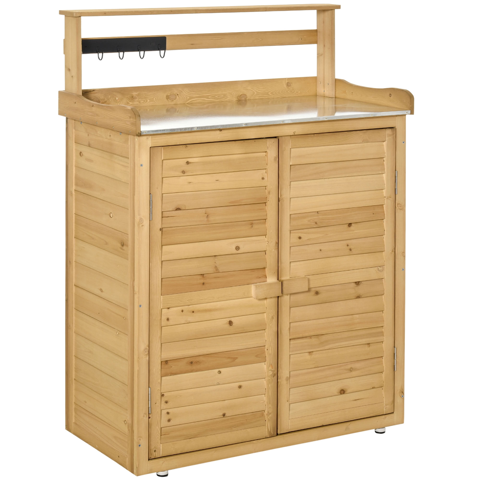 MAYEERTY 47.25" Tall Wood Potting Bench Shed, Outdoor Garden Tool Storage Cabinet with Metal Tabletop, for Backyard, Patio