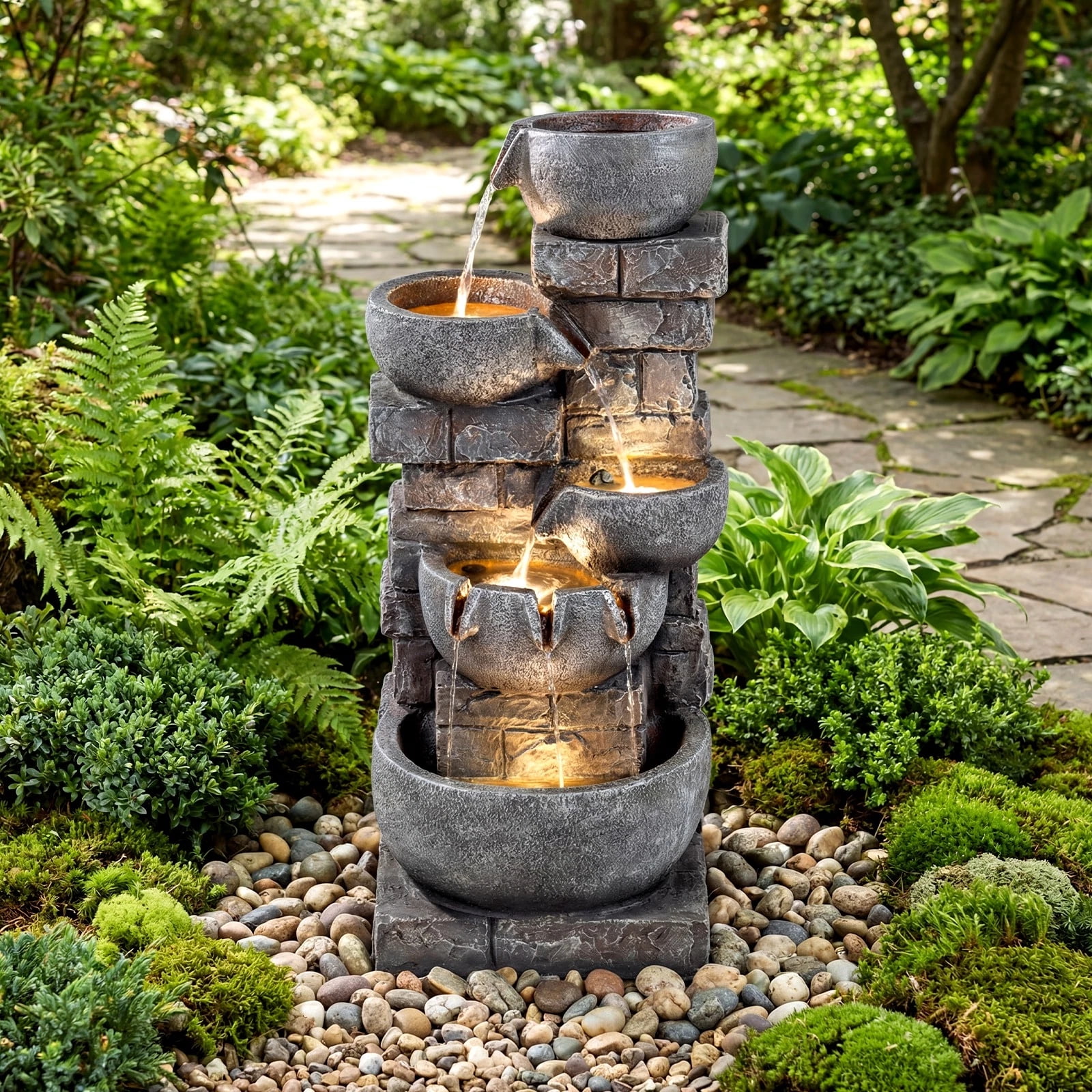 DRAZUNO 33” 5-Tier Outdoor Water Fountain with LED Lights for Patio Backyard Porch Deck