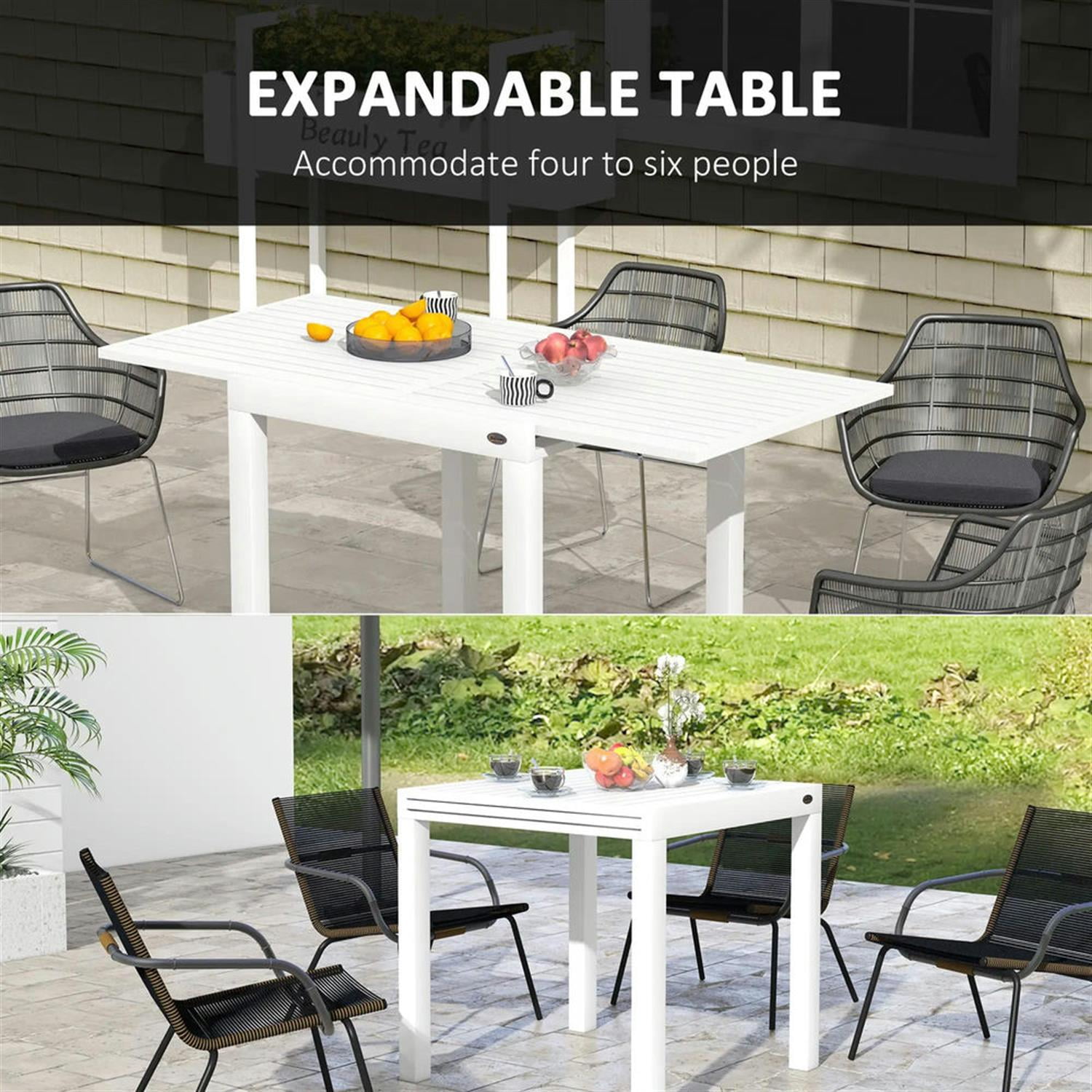 Demi Bonn 70" Expandable Outdoor Dining Table for 4-6 Guests, Aluminum Frame Patio Table for Garden, Lawn, Balcony, Terrace, White