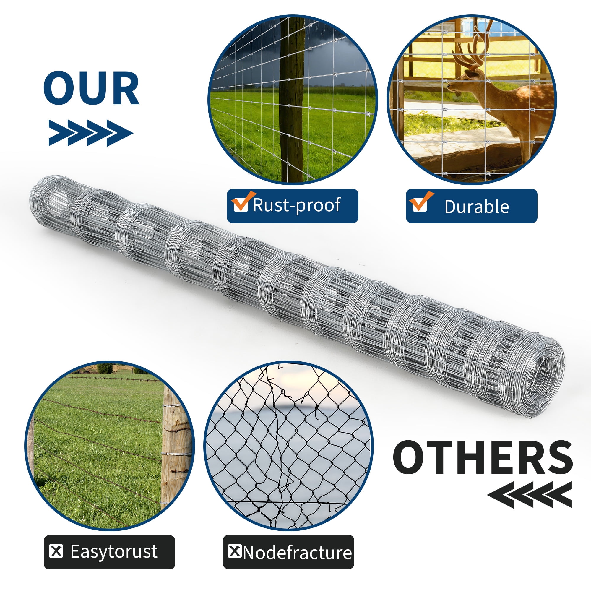 Gaderth 6Ft x 100Ft Heavy-Duty Galvanized Wire Livestock Fence, Durable Metal Mesh for Cattle, Goat & Deer Protection, Corrosion-Resistant Farm & Yard Barrier