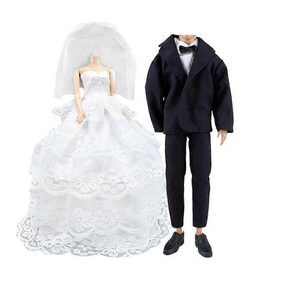 Princess Wedding Dress Evening Party White Lace Dress Embroidery Barbie Clothes for Doll with Veil Outfit Costume Set + Formal Outfit for Ken Barbie D