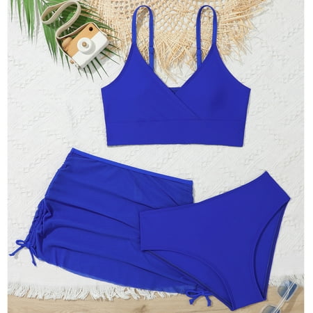 WEAIXIMIUNG Valentine s Day Girls  3 Piece Plain Swimsuit Wrap Bikini With Ruched Cover Up Skirt Set 9Y