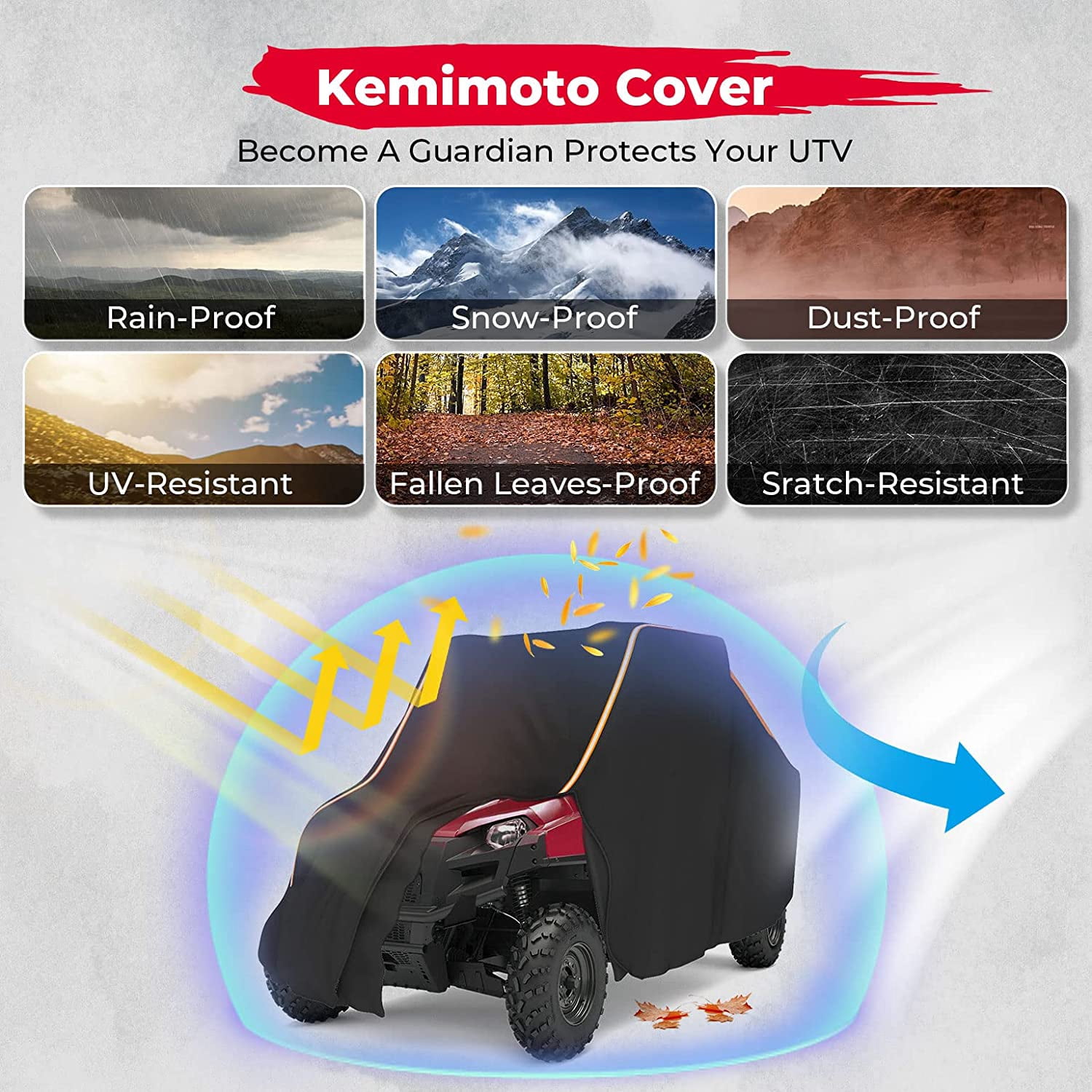 KEMIMOTO UTV Cover, All-Weather Protection Ranger Cover Heavy Duty Oxford Cloth Compatible with Polaris Ranger Kawasaki Mule Honda Pioneer Yamaha Wolverine CFMOTO UFORCE 2-3 Seaters Large