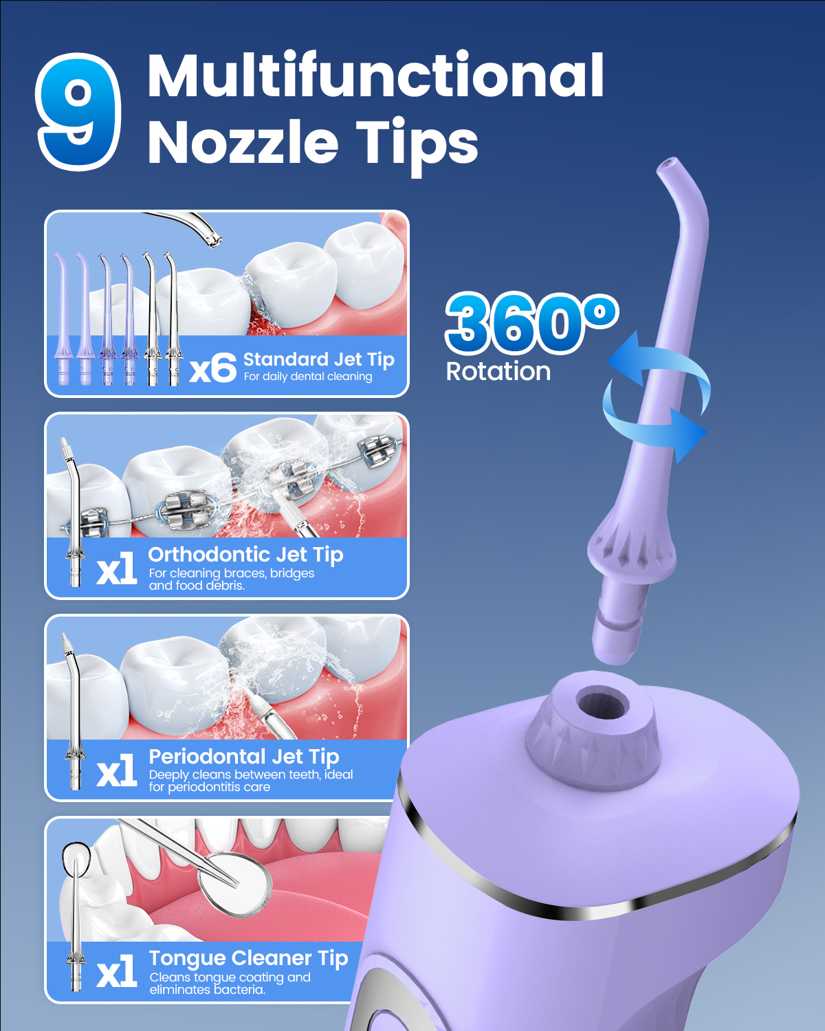 JTF Irrigador Dental Inalámbrico para Dientes: 3 Modos y 10 Niveles de Presión DIY, Irrigador Oral Portátil para Brackets y Encías Sensibles con 9 Puntas y Tanque de 300ml, Limpiador Dental Eléctrico Recargable para Hogar y Viajes 2