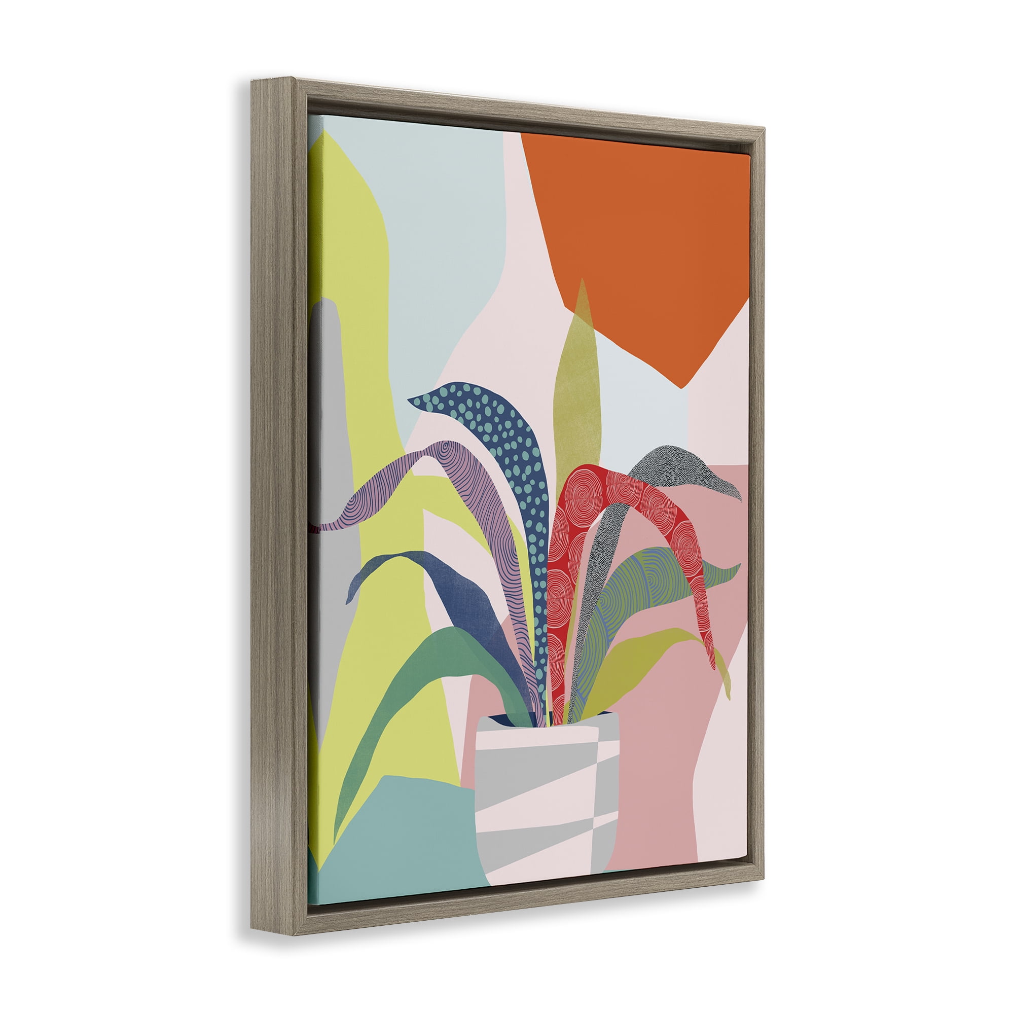 Stupell Industries Modern Geometric Plant Leaves Plants & Flowers Painting Brown Floater Framed Canvas Art Print Wall Art, 25 x 31