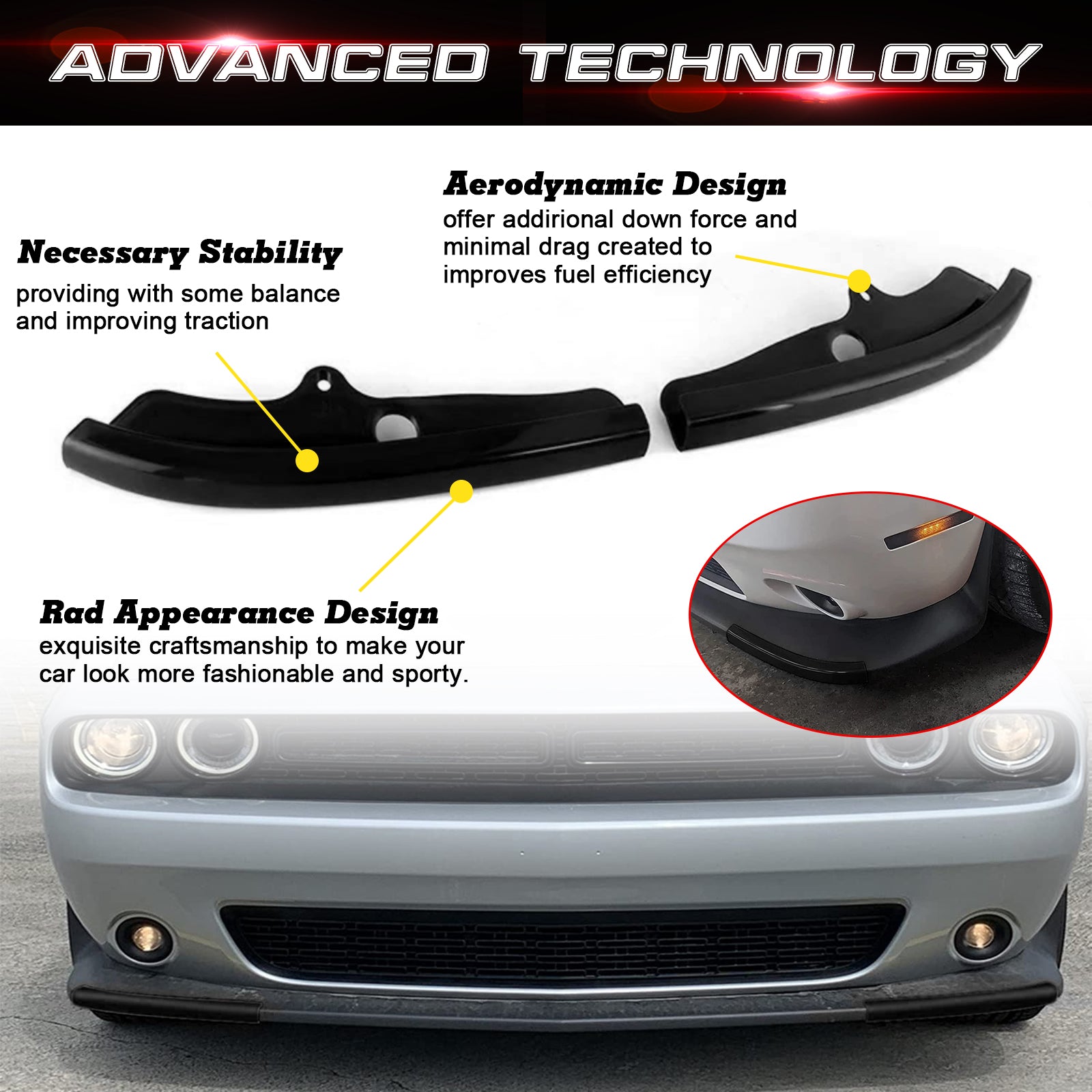 CheroCar Black Front Bumper Lip Splitter Guard Trim For 2015-2021 Dodge Challenger (Fits R/T, GT, SRT, Scat Pack - Not Widebody)