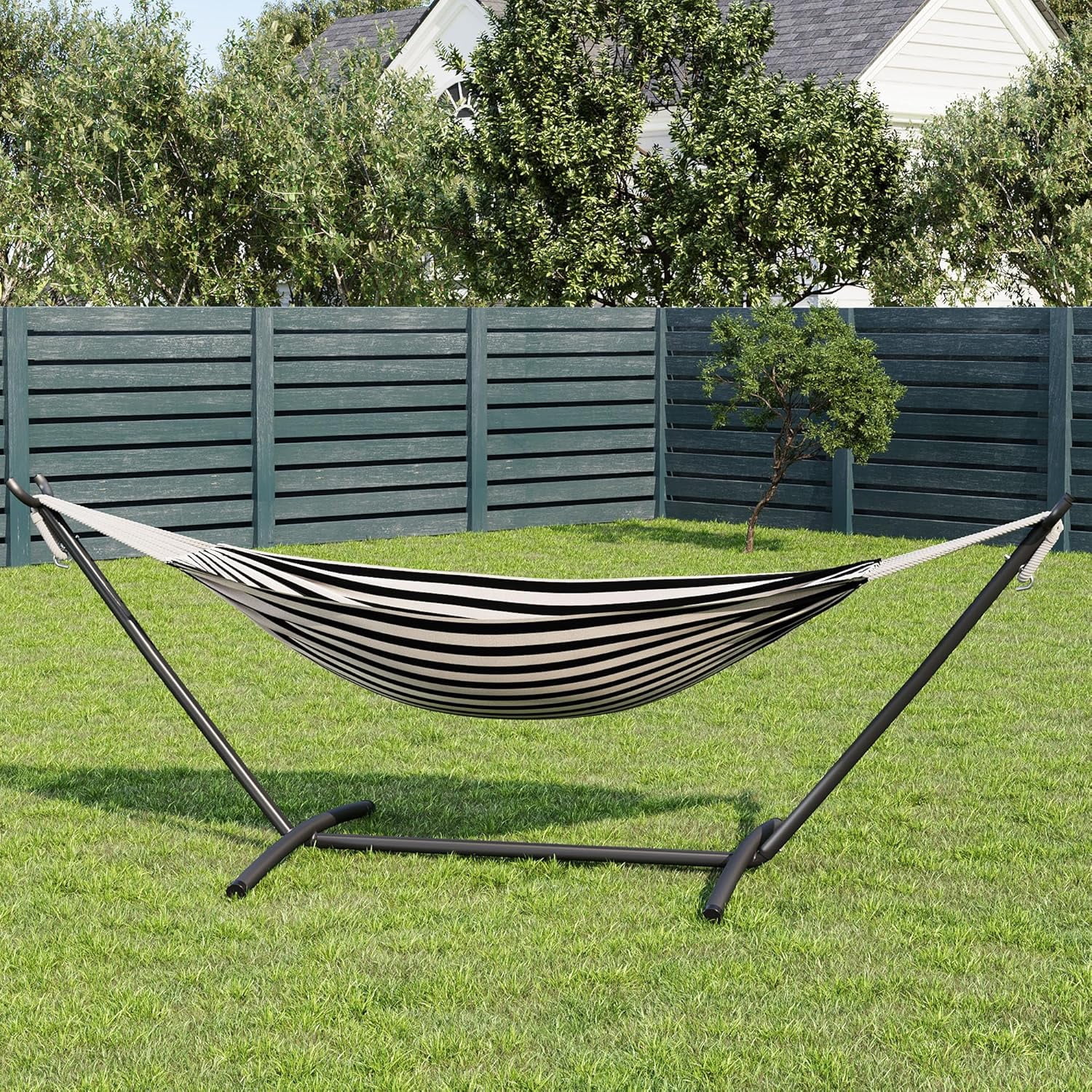 Double Hammock with Foldable Steel Stand and Carrying Bag, Portable Freestanding Hammock for Indoor & Outdoor Use, 450 lbs Capacity, Ideal for Garden, Patio, Camping, Beach, Black