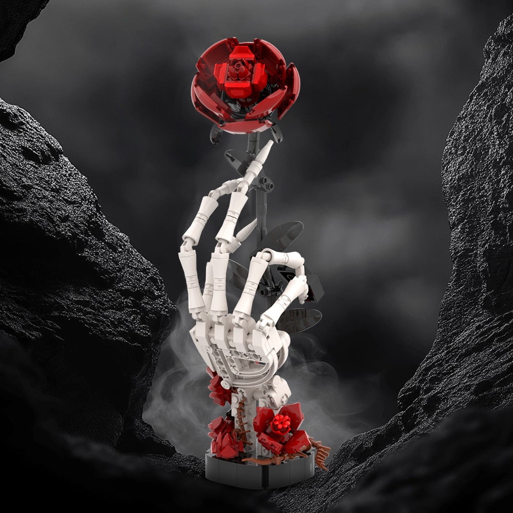 Gothic Skeleton Hand Rose Building Block Kit, 30.5cm Articulated Floral Display Model Construction Box Set