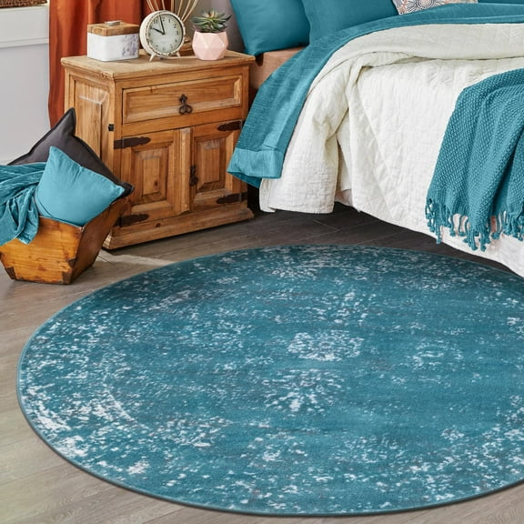 Unique Loom Sofia Collection Area Rug - Casino (5' 1" Round Turquoise/Ivory)