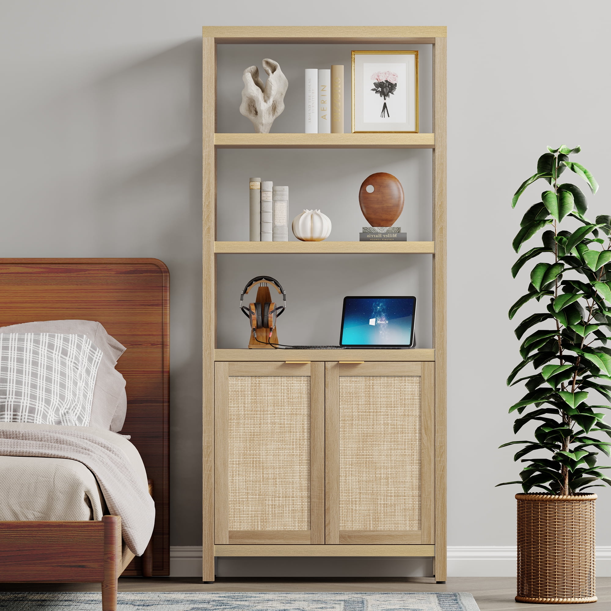 SICOTAS 71" Tall Bookcase with Doors, Boho 5 Tier Rattan Bookshelf Set of 3, Mid-Century Bookcase with Storage Cabinet for Living Room, Bedroom, Library & Home Office in Light Oak