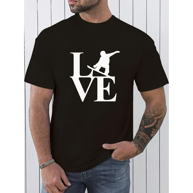 LOVE And Skiing Graphic Print, Men's Novel Graphic Design T-shirt, Casual Comfy Tees For Summer, Men's Clothing Tops For Daily Activities Tee For Adult, Men, Women, Teen, Teenager, Adolescent, Youth