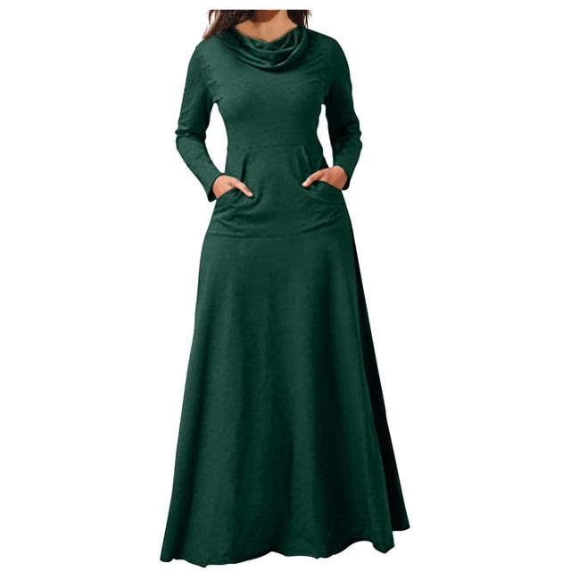 KIHOUT Robe Maxi Femme Couleur Unie Col Haut Manches Longues Patchwork Poches Grand Ourlet Longue Jupe