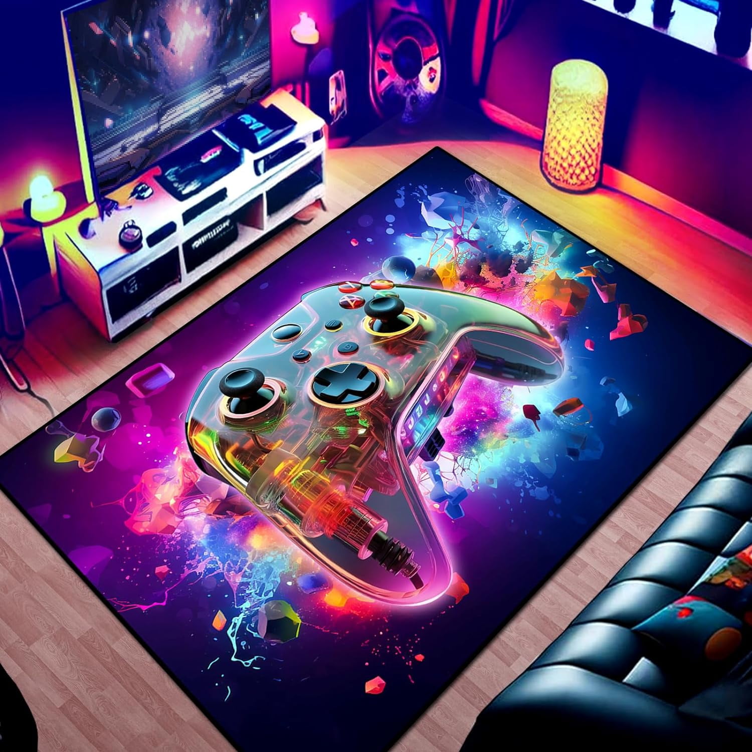 Gaming Area Rug Teen Boys Carpet, 3D Transparent Gamepad and Colorful Bomb Background Game Controller Design for Game Room, Gaming Room, Boys Girls Bedroom Playroom, Living Room (63" x 47")