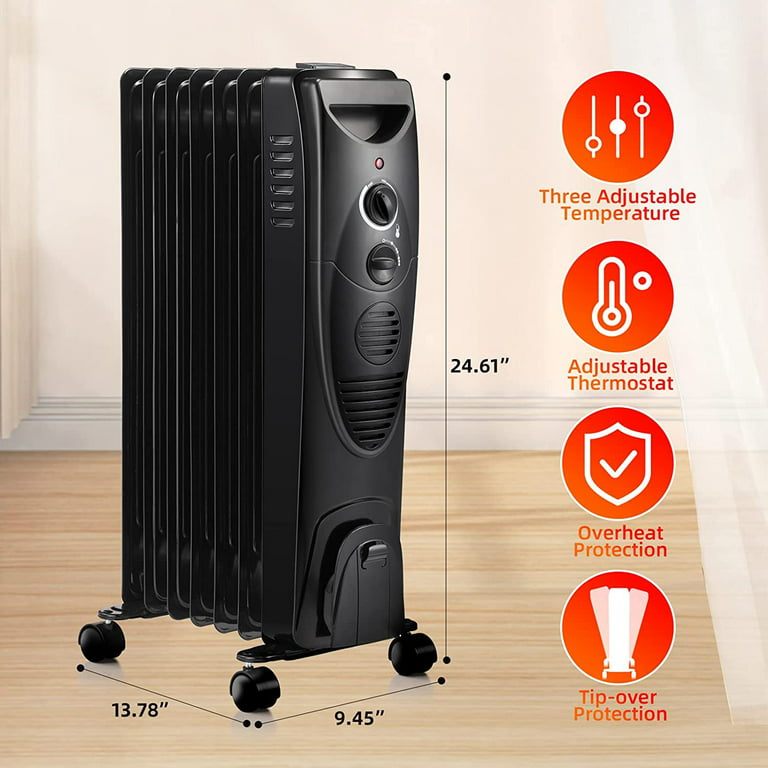 1500W Oil Filled Radiator Heater, Portable Electric Heater with 3