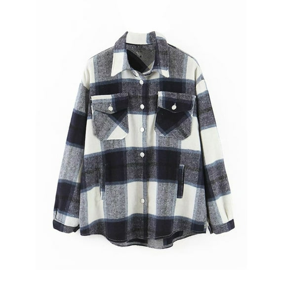 Gureui Women's Plaid Print Button Down Jacket, Casual Vintage Long Sleeve Loose Coat Lapel Fall Winter Warm Outwear with Side Pockets