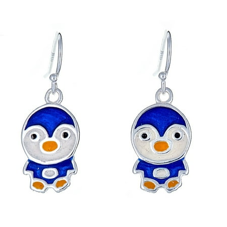 Pori Jewelers 925 Sterling Silver Blue Penguin Enamel Kids Fishhook Earrings