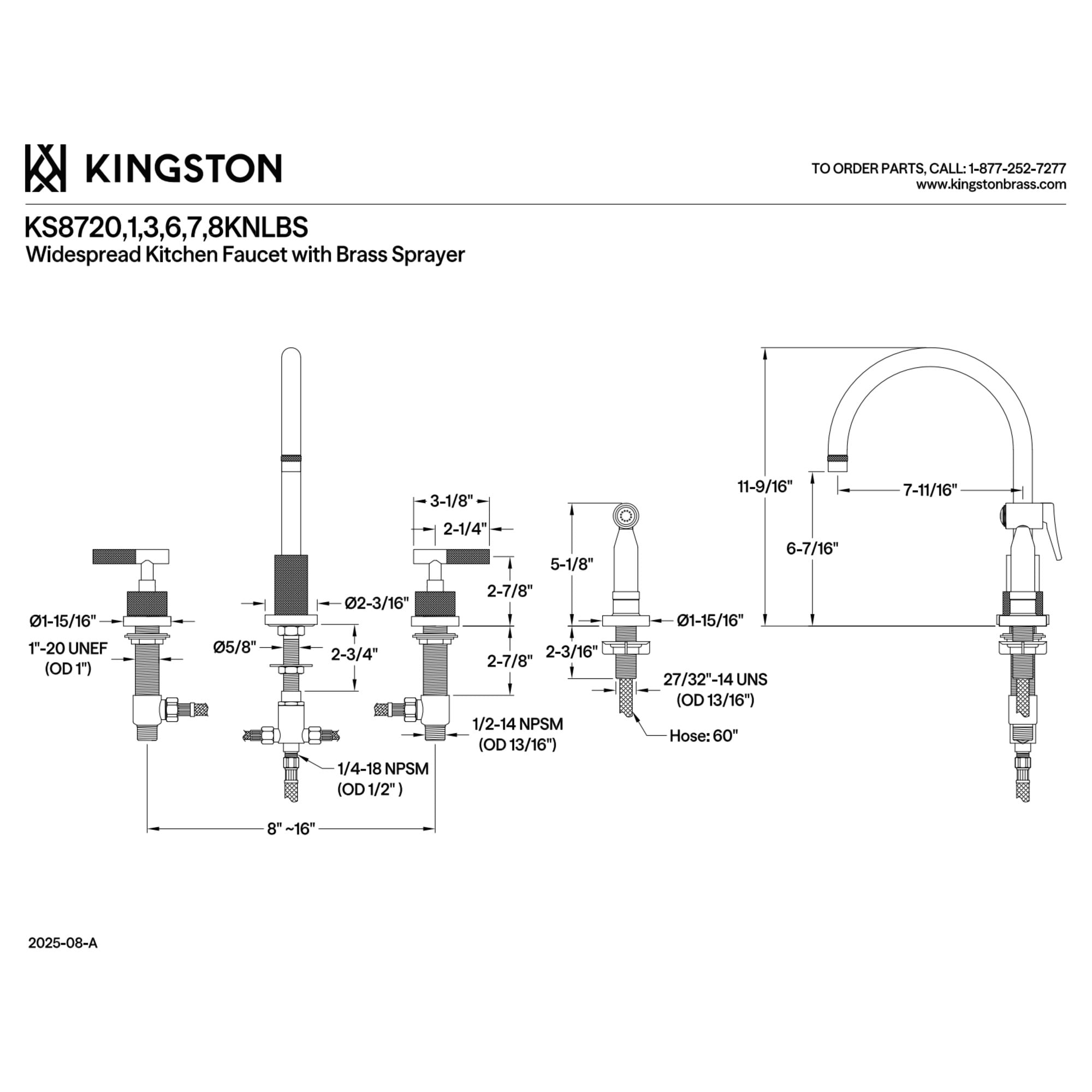 Kingston Brass KS8723KNLBS Convergent Double-Handle 4-Hole Widespread Kitchen Faucet with Knurled Handle 4-Hole and Brass Sprayer in Antique Brass