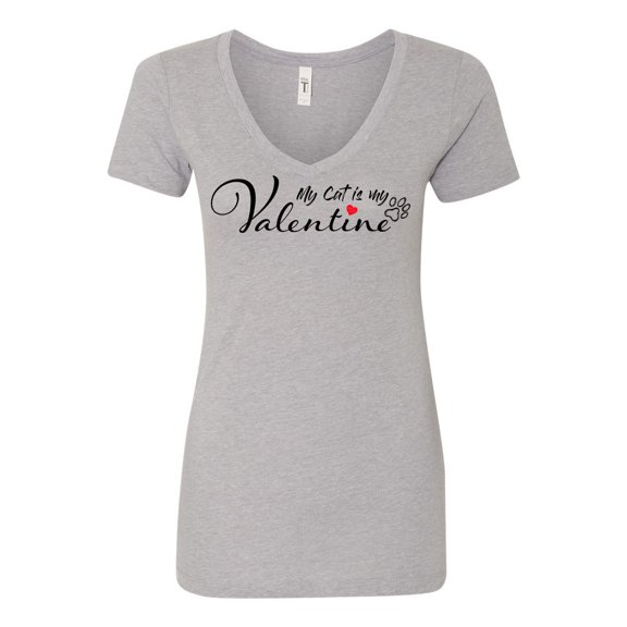 Women's My Cat is My Valentine Next Level Ladies V Neck Short Sleeve T-shirt-Heather Grey-large