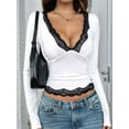 thumbnail image 3 of Women'S Y2K Trendy Long Sleeve Top Chic V-Neck Blouse with Elegant Lace Trim Comfortable Shirt for Any Occasion‌ White M, 3 of 8