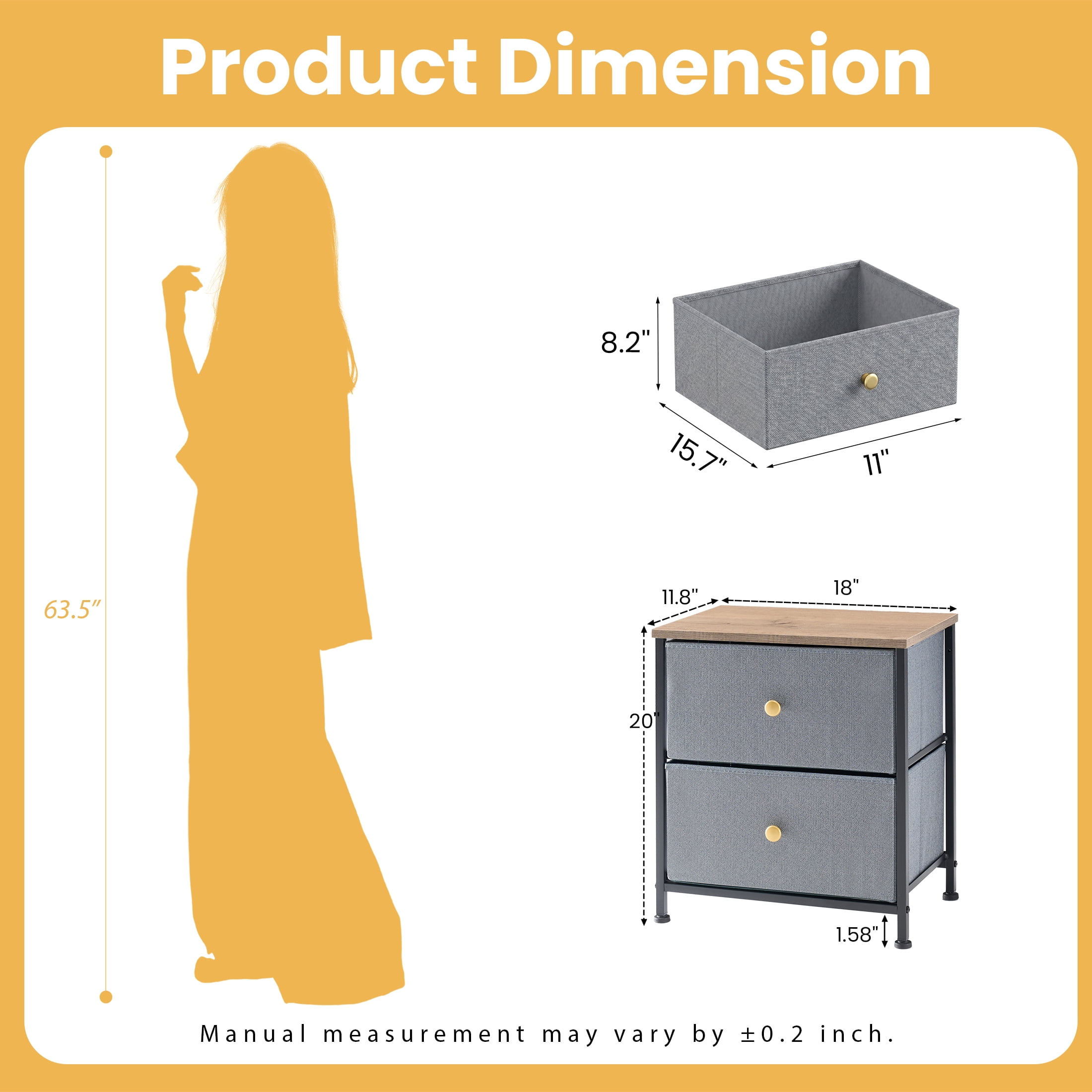 Double Drawer Bedside Table for Bedroom Living Room Storage