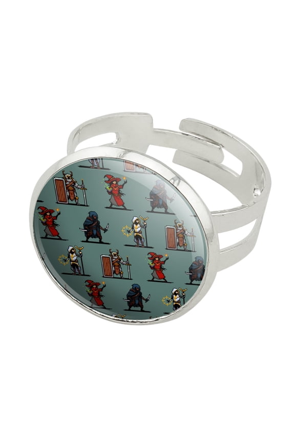 8-Bit Pixel Heroes RPG Pattern Silver Plated Adjustable Novelty Ring