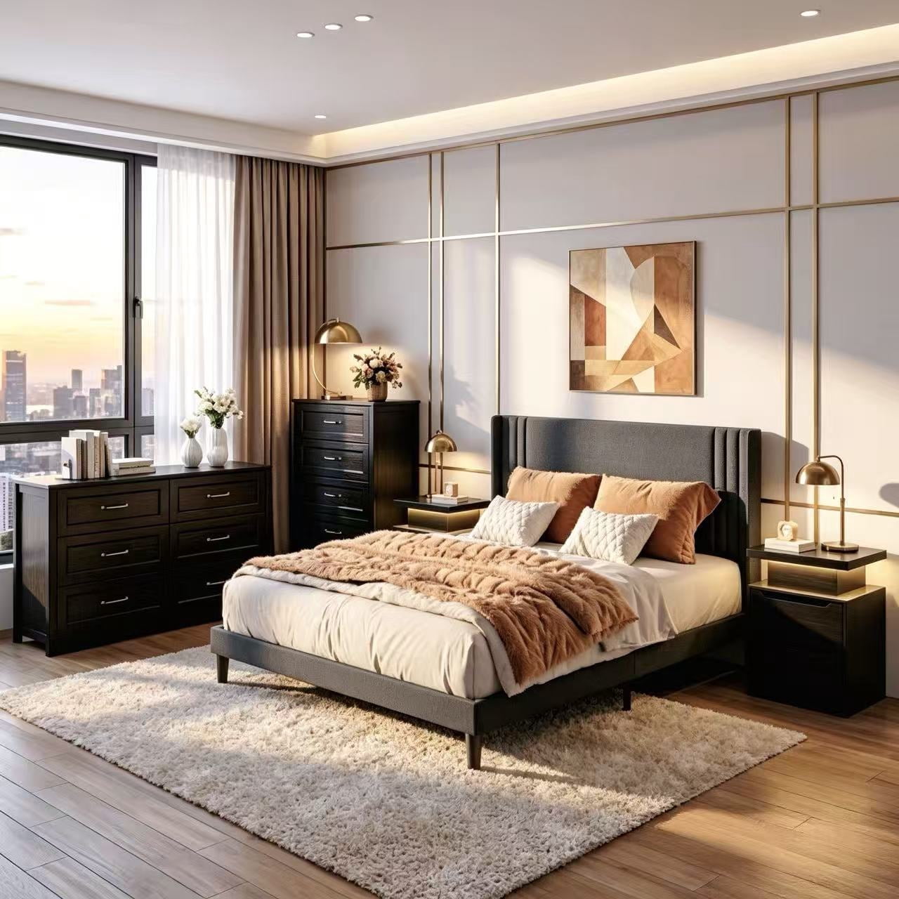 Aiho 5 Pieces Bedroom Furniture Set, Includes Queen Bed Frame, Nightstands Set of 2, Double Wide 6-Drawer Dresser and Vanity Table Set - Black