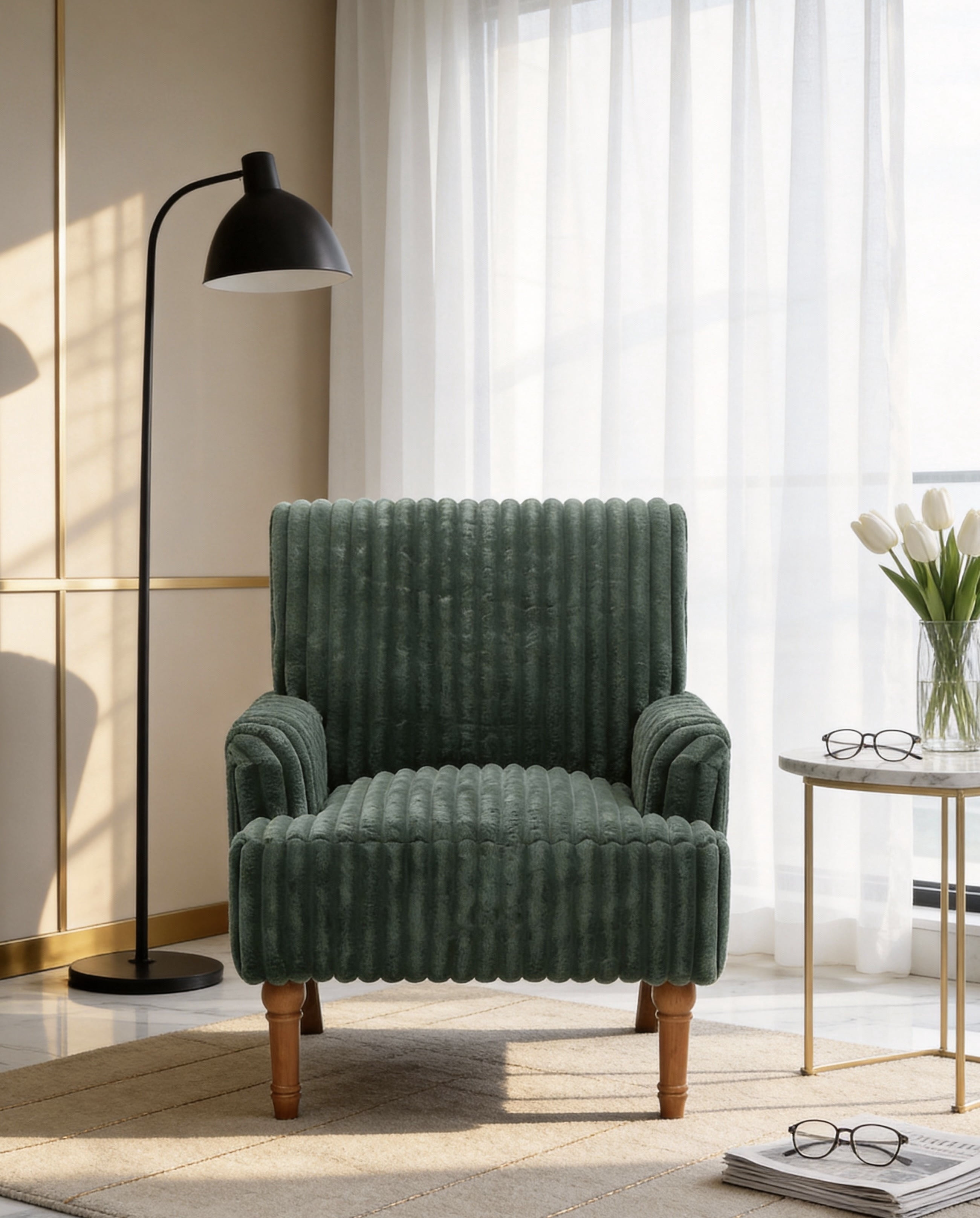 Modern Accent Chair with Wide Wale Corduroy, 9 Inch Solid Wood Legs, Upholstered Armchair with Thick High-Density Foam Cushion for Living Room, Army Green