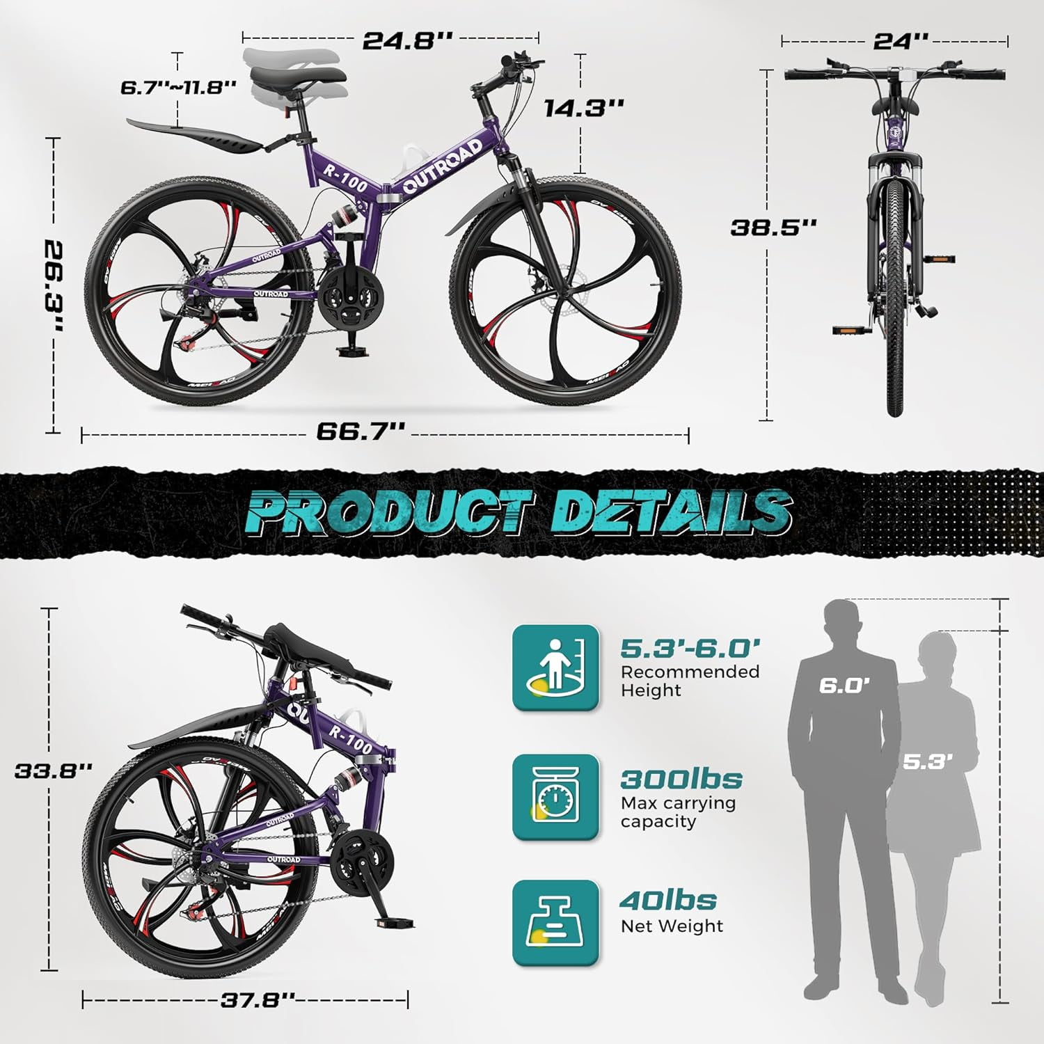 Marknig 26 inch Folding Mountain Bike for Adults, 21 Speed Full Suspension High-Carbon Steel MTB Foldable Bicycle, Dual Disc Brake Non-Slip Folding Bikes for Men or Women, Purple