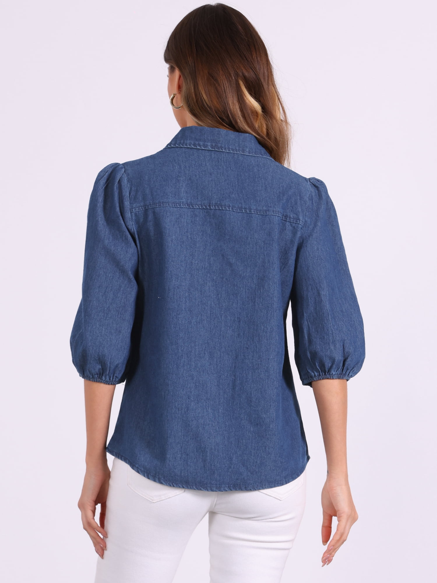 DARING DIVA Women's 3/4 Puff Sleeve Collar Button Down Jean Shirts S Dark Blue
