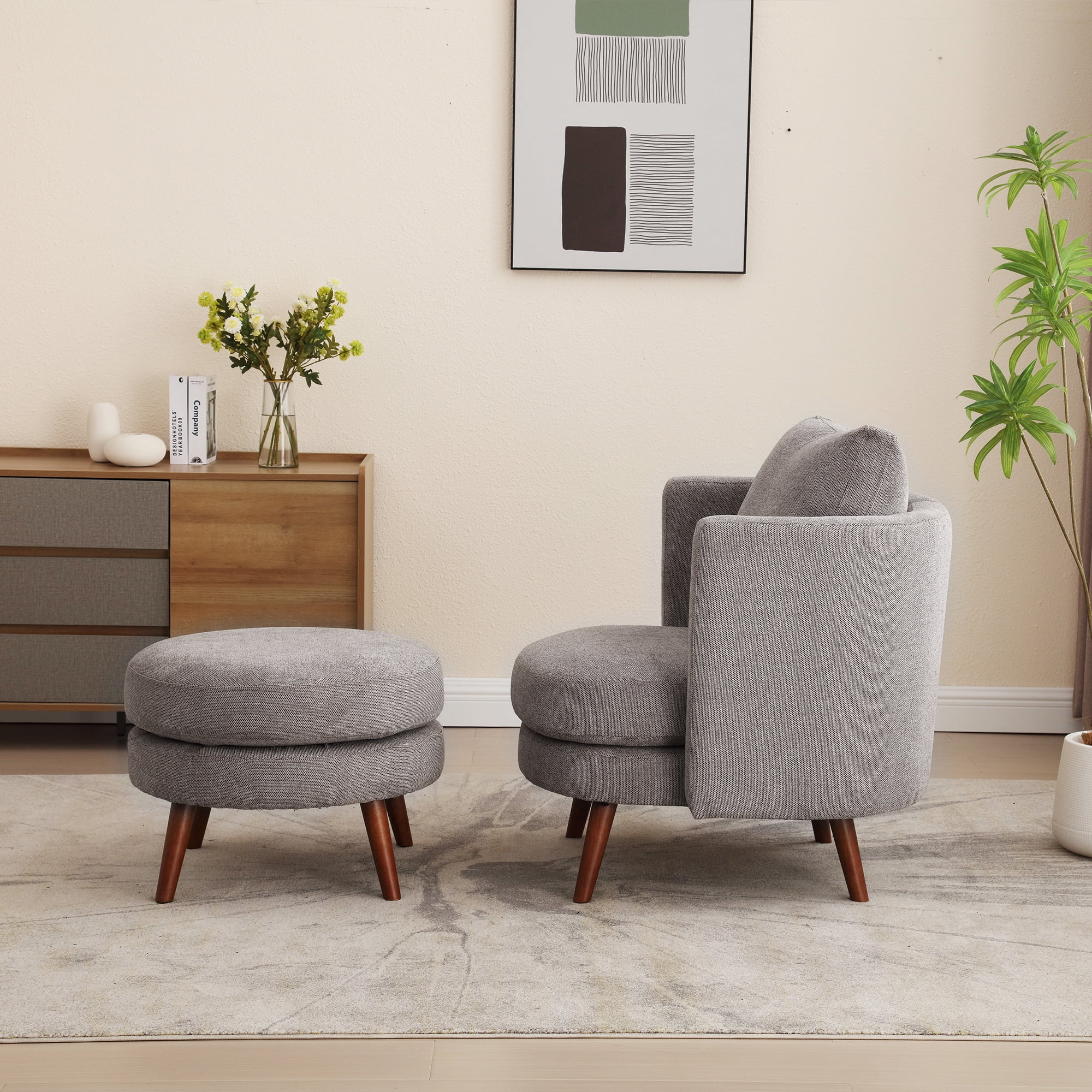 30.7"W Accent Chair with Ottoman,Upholstered Single Sofa with Throw Pillow & High Armrest,Comfort Reading Chair with Wooden Leg for Living Room Bedroom Dorm Room Office,Taupe