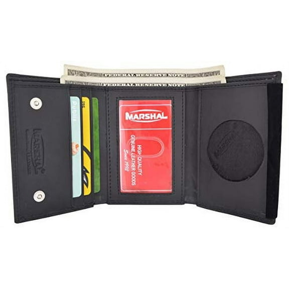 RFID Blocking Genuine Leather Trifold Round Badge Holder Wallet Black with Snap Closure