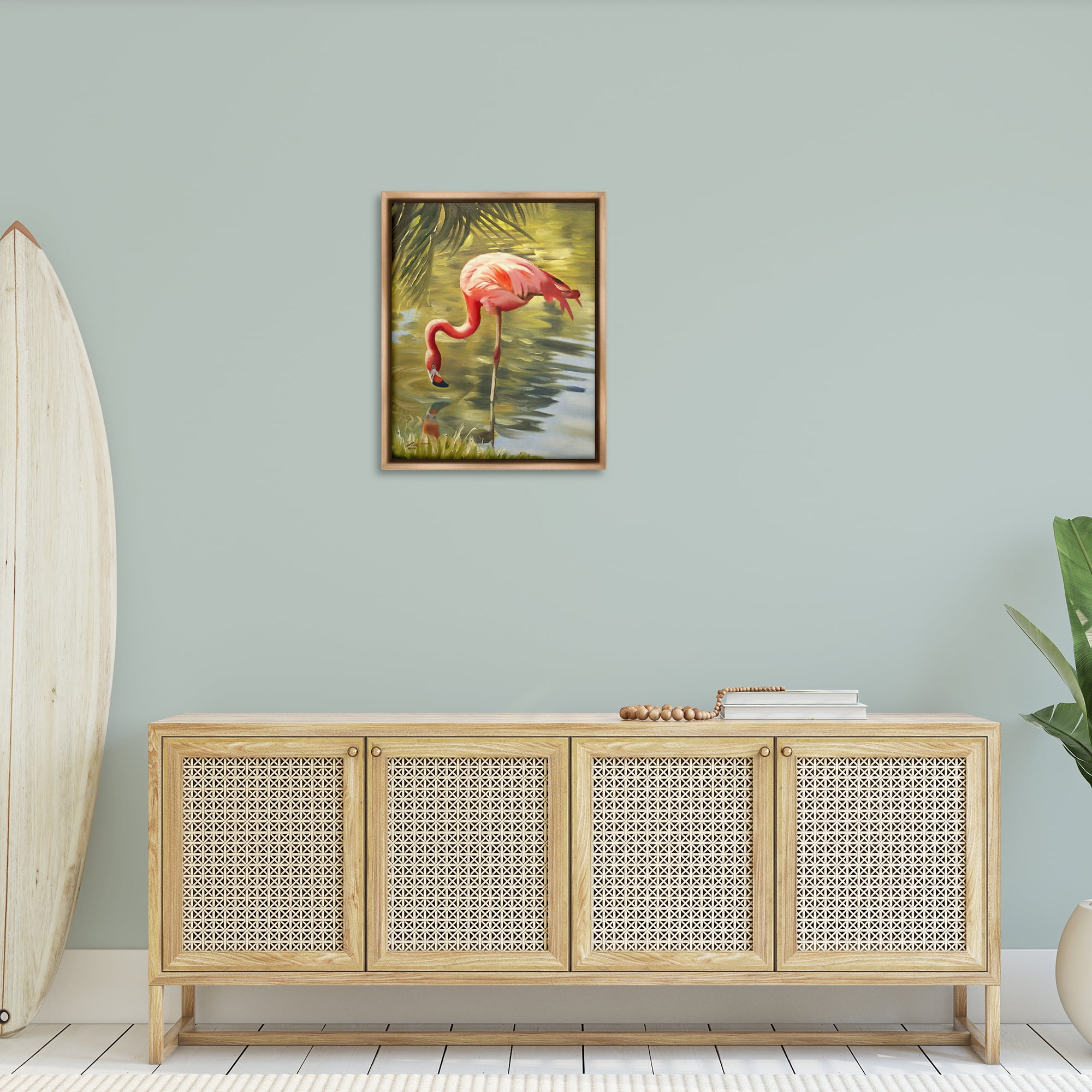 Stupell Industries Flamingo Shallow Pond Animals & Insects Painting Brown Floater Framed Canvas Art Print Wall Art, 25 x 31