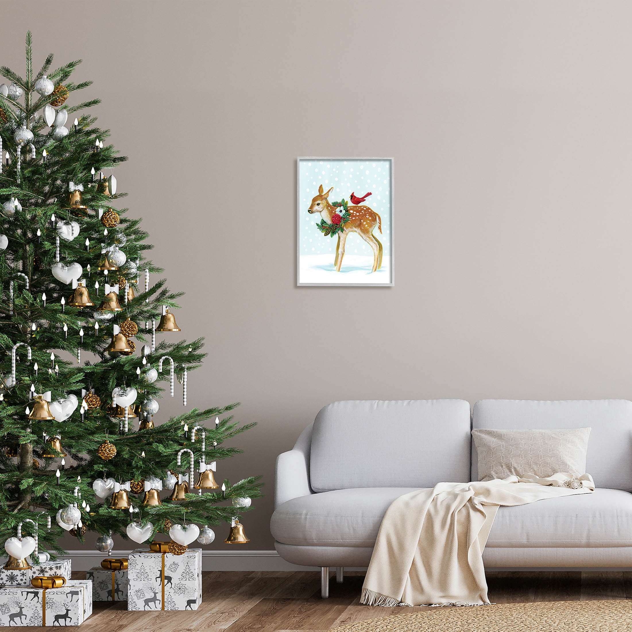 Stupell Industries Snowy Deer Holiday Cardinal Graphic Art Gray Framed Art Print Wall Art, Design by Laura Marr