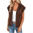 thumbnail image 5 of Women's Plus Size Cap Sleeve Hoodie Summer Loose Casual Zip Up Drawstring Tops with Pockets Brown, 5 of 7