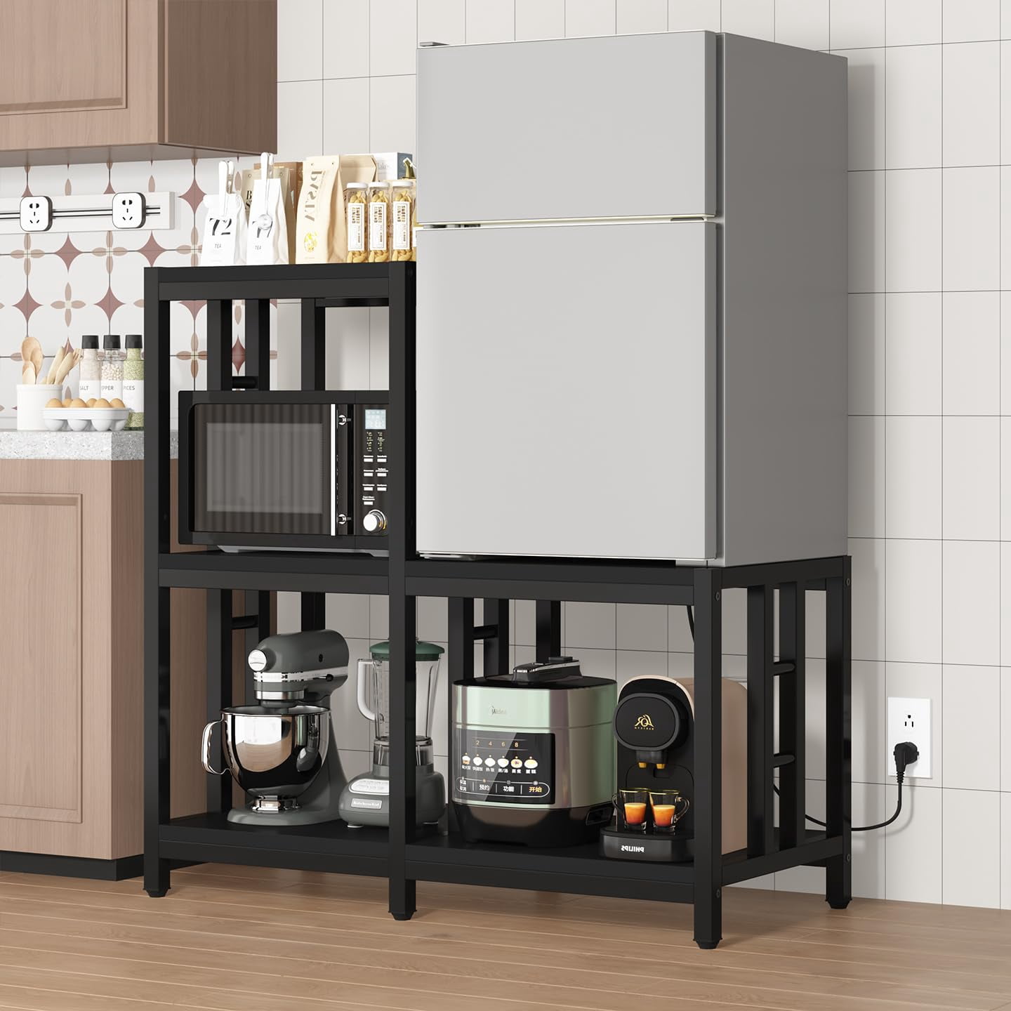Mini Fridge Stand with Storage with Power Outlet, Microwave Oven Stand, Bakers Rack with Storage Shelf, Mini Fridge Cabinet, Mini Fridge Shelf for Kitchen, Living Room, Office, Patio.(Black)