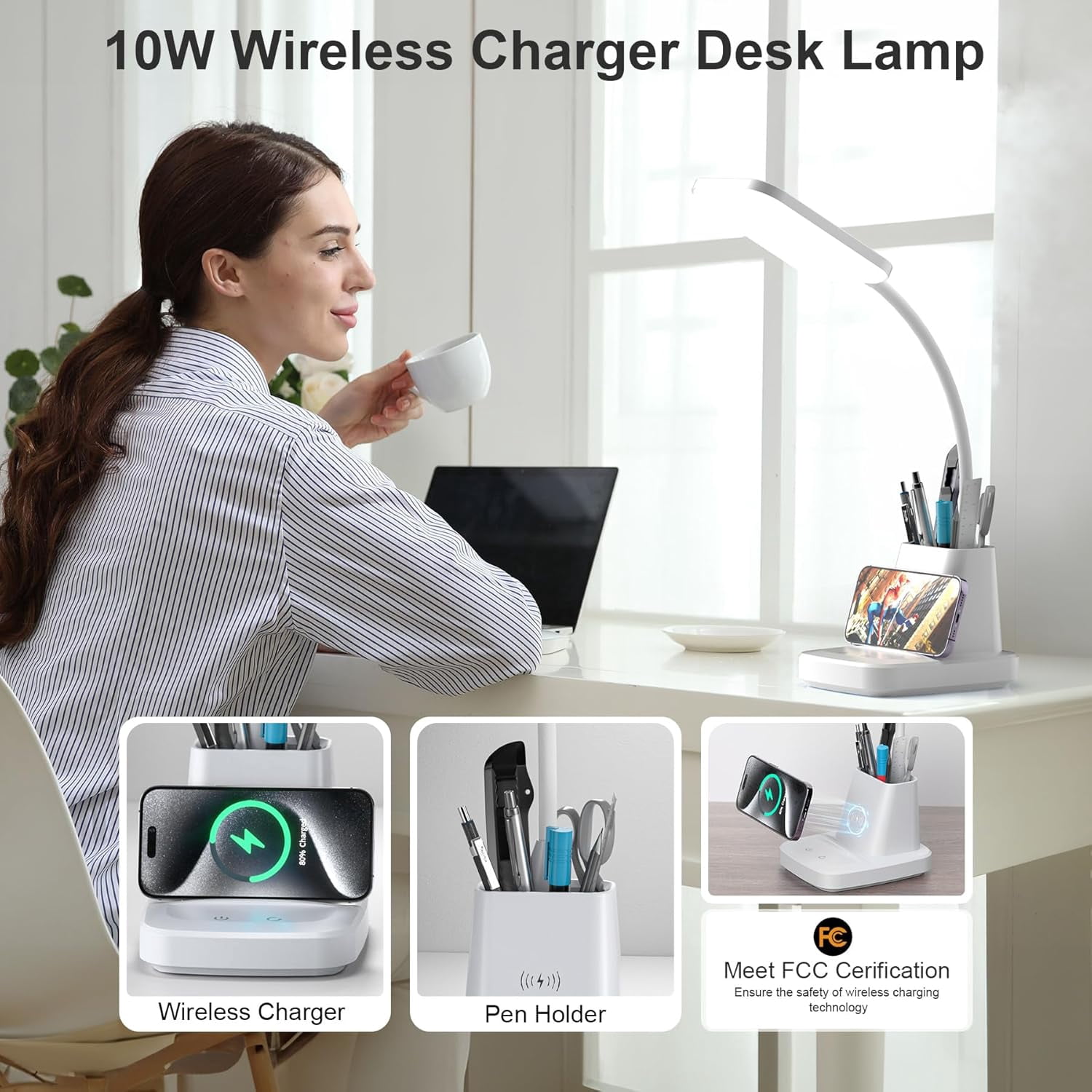 Desk Lamp with Wireless Charger, LED Desk Lamps for Home Office Eye-Caring CRI 85+, 3 Color Modes, Stepless Dimming Touch Table Lamp, Study Small White Lamp with Pen Holder for College Dorm